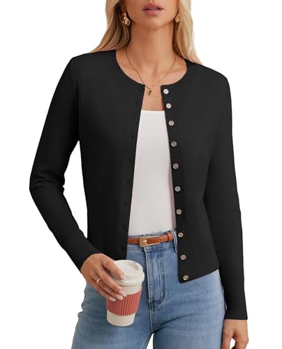 GRACE KARIN Damen Elegant Rundhals Open Front Strickjacke Fashion Langarm Business Arbeit Cardiagn Schwarz XXL von GRACE KARIN