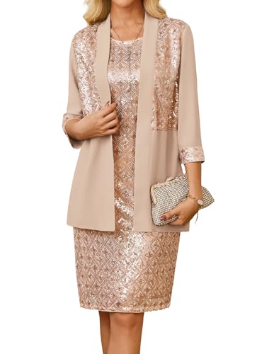 GRACE KARIN Damen Elegant Rundhals Pailletten Kleider 2er Set Einfarbiges Ärmelloses Bodycon Cocktailkleider Gold L von GRACE KARIN