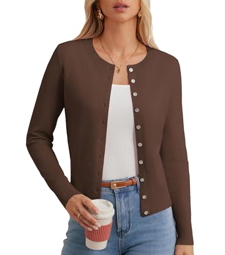 GRACE KARIN Damen Elegant Rundhals Slim Fit Cardigan mit Knopf Casual Sommer Langarm Leichte Strickjacke Braun M von GRACE KARIN