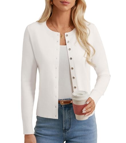 GRACE KARIN Damen Elegant Rundhals Slim Fit Cardigan mit Knopf Casual Sommer Langarm Leichte Strickjacke Weiß S von GRACE KARIN