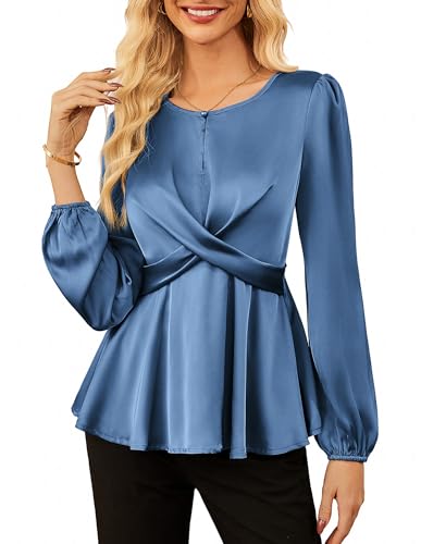 GRACE KARIN Damen Elegant Solid Farbe Langarm Formelle Satin Blusen Business Arbeit Tops Graublau S von GRACE KARIN