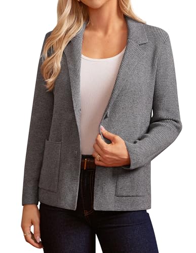 GRACE KARIN Damen Elegant Strickblazer Cardigan mit Knöpfen Business Casual Jacke mit Taschen Dunkelgrau XXL von GRACE KARIN