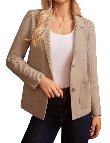 GRACE KARIN Damen Elegant Strickblazer Cardigan mit Knöpfen Business Casual Jacke mit Taschen Khaki XXL von GRACE KARIN