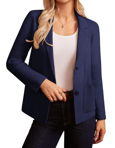 GRACE KARIN Damen Elegant Strickblazer Cardigan mit Knöpfen Business Casual Jacke mit Taschen Marineblau XXL von GRACE KARIN