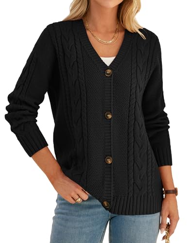 GRACE KARIN Damen Elegant Strickjacke Herbst V Ausschnitt Lose mit Knöpfe Cardigan L Schwarz von GRACE KARIN
