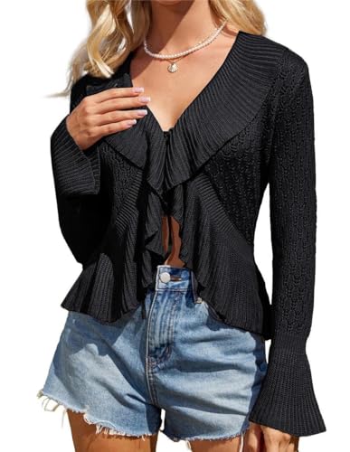 GRACE KARIN Damen Elegant Strickjacke Sommer Langarm Revers Kragen Unregelmäßiger Saum Sweater Bolero Schwarz M von GRACE KARIN