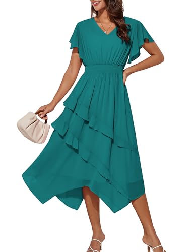 Damen Lang Kleid Freizeit Leicht Hohe Taille Rüschen Ärmel Strandkleid XXL Blaugrün von GRACE KARIN