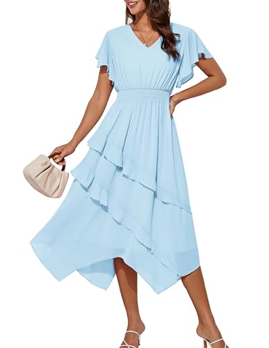 Damen Lang Kleid Freizeit Leicht Hohe Taille Rüschen Ärmel Strandkleid XXL Hellblau von GRACE KARIN