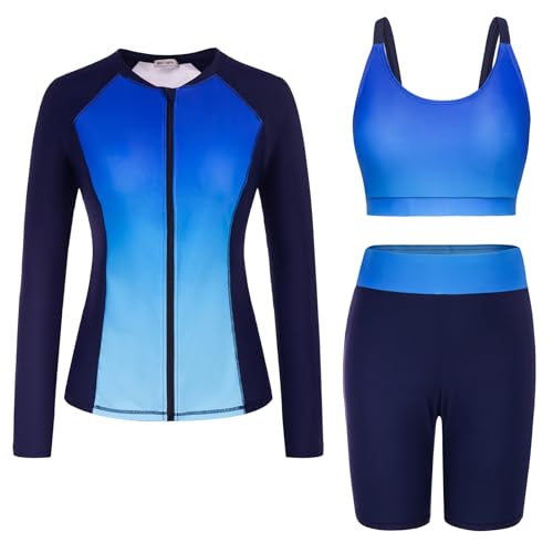 GRACE KARIN Damen Elegant Tankini Set mit Jacke 3 Stück Badeanzug Front Zip Split Surfanzug Vintage Blumen Druck Farbverlauf-Blau XXL GRACE KARIN Damen Elegant Tankini Set mit Jacke 3 Stück Badeanzug Front Zip Split Surfanzug Vintage Blumen Druck Farbverlauf-Blau XXL von GRACE KARIN