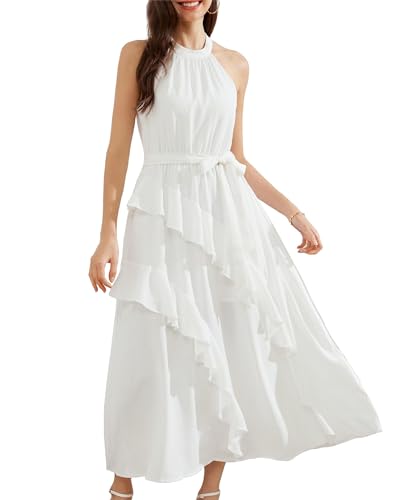 GRACE KARIN Damen Elegant Tunika Kleid Ärmellos Slim Fit Freizeitkleid Sommer Boho Midikleid Hohe Taille mit Gürtel Strandkleid Hochzeit Weiß M von GRACE KARIN