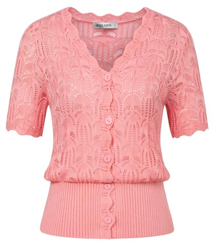 GRACE KARIN Damen Elegant V-Ausschnitt Einfarbig Strick Oberteil Sommer Leicht Cardigan mit Ajourmuster Hellrosa L von GRACE KARIN