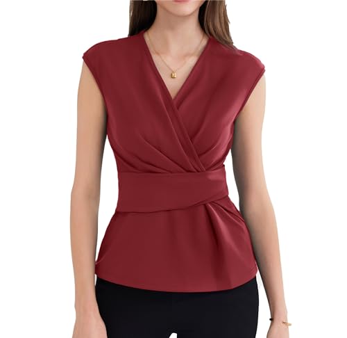 GRACE KARIN Damen Elegant V-Ausschnitt Oberteile für Hochzeitsgäste Einfarbig Top Slim Fit Plissee-Tops Dunkelrot XL von GRACE KARIN