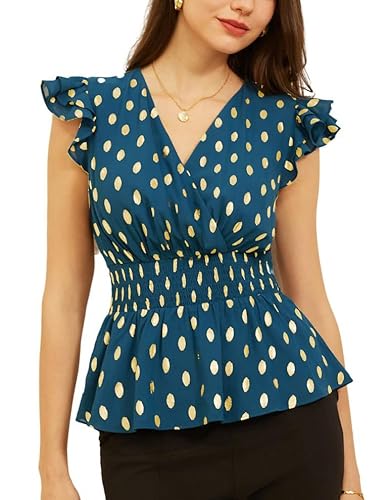 GRACE KARIN Damen Elegant V-Ausschnitt Sommerbluse Lässig Kurz Flatter Ärmel Blusenshirt Leicht Chiffon Tops Pfauenblau M von GRACE KARIN