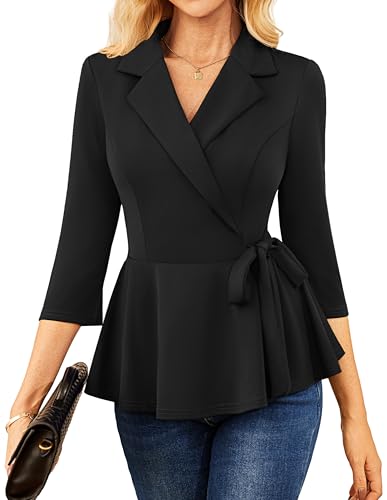 GRACE KARIN Damen Elegant Wickelbluse 3/4-Ärmel V-Ausschnitt Gerüschter Saum Party Oberteile CL340-01/Schwarz XL von GRACE KARIN