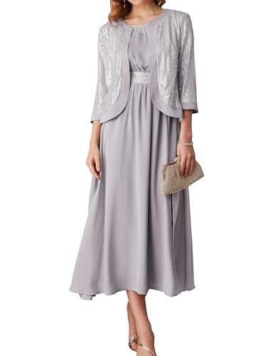 GRACE KARIN Damen Elegante Ärmelloses Rundhalsausschnitt Kleid mit Jacke Zweiteiliges Set Silber 08 von GRACE KARIN