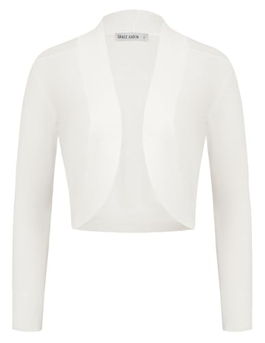 GRACE KARIN Damen Elegante Bolero Langarm Strickjacke Vorne Offen Schulterjacke Festlich Shrug Cardigan L Ivory CL2963S24-01 von GRACE KARIN