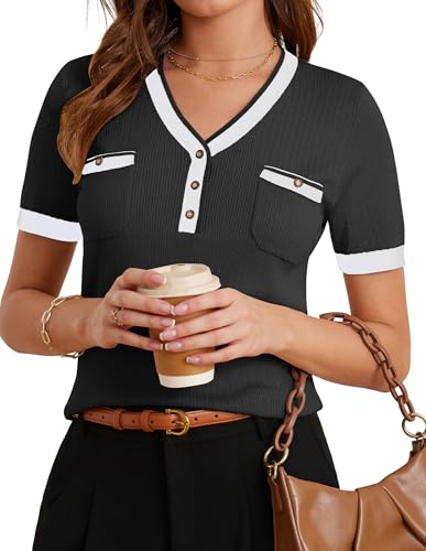 GRACE KARIN Damen Elegante Business Top Sommer Kurzarm V-Ausschnitt Schwarzer Bluse Kontrastfarben Strick Pullover CL0392-02/Schwarz S von GRACE KARIN