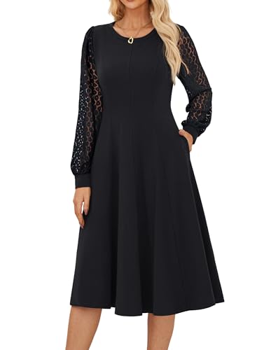 Damen Elegante Langarm Midikleider Baumwolle A-Linie Cocktailkleid Vintage Einfarbiges Tailliertes Kleider Schwarz L von GRACE KARIN