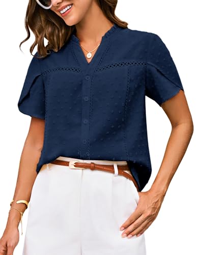 GRACE KARIN Damen Elegante Oberteile Kurzarm V-Ausschnitt Knopfleiste Sommer Tunika Festliche Bluse Marineblau L von GRACE KARIN