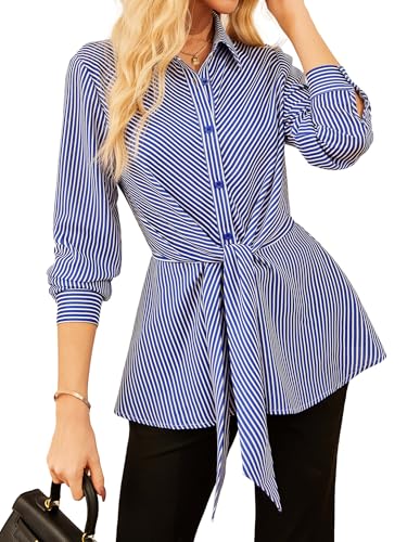 GRACE KARIN Damen Elegante Streifenshirt Langarm Knopf Oberteile Lässige Reverkragen Freizeit Damenblusen Blau XXL von GRACE KARIN
