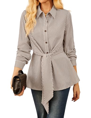 GRACE KARIN Damen Elegante Streifenshirt Langarm Knopf Oberteile Lässige Reverkragen Freizeit Damenblusen Braun XXL von GRACE KARIN