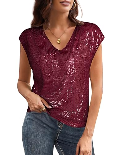 GRACE KARIN Damen Elegante V-Ausschnitt Bluse Kurze Flatterärmel Sexy Tank Bluse Glitzer Winter Festliche Outfits Weinrot XL GRACE KARIN Damen Elegante V-Ausschnitt Bluse Kurze Flatterärmel Sexy Tank Bluse Glitzer Winter Festliche Outfits Weinrot XL von GRACE KARIN