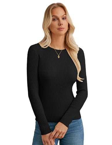 GRACE KARIN Damen Eleganter Langarm mit Reverskragen Rundhalsausschnitt Stretch Dünner Pullover Bluse Schwarz M von GRACE KARIN