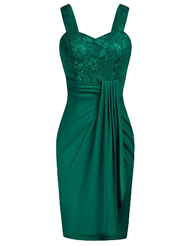 GRACE KARIN Damen Elegantes Abendkleid Spitze Glitzer Pailletten Süßes Herz Ausschnitt Knielang Bodycon Dunkelgrün S von GRACE KARIN