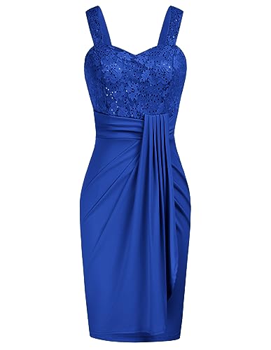 GRACE KARIN Damen Elegantes Abendkleid Spitze Glitzer Pailletten Süßes Herz Ausschnitt Knielang Bodycon Reinblau L von GRACE KARIN