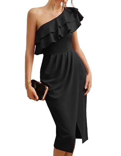 GRACE KARIN Damen Elegantes Bodycon Kleid Wickelsaum Gerüschtes Partykleid EIN-Schulter Schrägausschnitt Kleid Schwarz XXL von GRACE KARIN