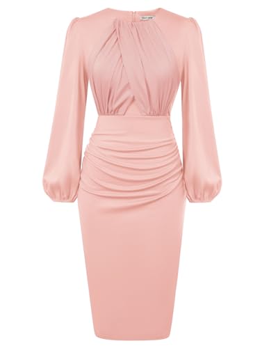 GRACE KARIN Damen Elegantes Kleid mit Rundhalsausschnitt Gerafftes Langärmeliges Party Kleid Wickelkleid Hell-Pink XL von GRACE KARIN