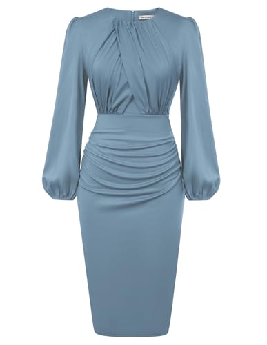 GRACE KARIN Damen Elegantes Langärmliges Partykleid mit Plissiertes Wickelrock mit Hoher Taille Grau Blau 2XL von GRACE KARIN