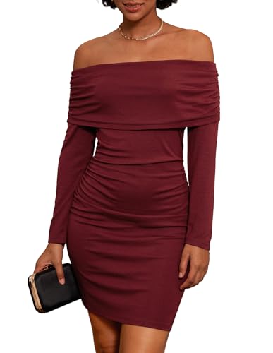 GRACE KARIN Damen Elegantes Partykleid Schlankes Langärmeliges Schulterfreies Abendkleider Hohe Taille Gerafftes Cocktailkleid Dunkelrot XL von GRACE KARIN