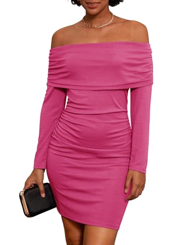 GRACE KARIN Damen Elegantes Partykleid Schlankes Langärmeliges Schulterfreies Abendkleider Hohe Taille Gerafftes Cocktailkleid Rosenrot XL von GRACE KARIN