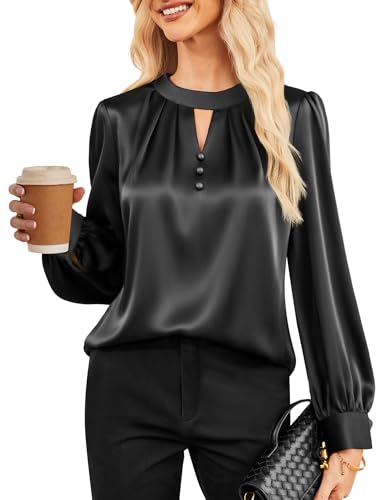 GRACE KARIN Damen Fashion Rollkragen Langarm Funkelndes Satin Bluse Locker Passform Party Tops Schwarz XL von GRACE KARIN