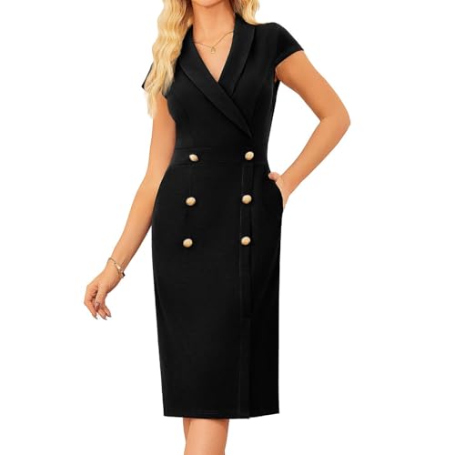 GRACE KARIN Damen Fashion V-Ausschnitt Party Cocktail Wickelkleid Vintage Solid Farbe Kleid mt knöpfen Schwarz 46 von GRACE KARIN