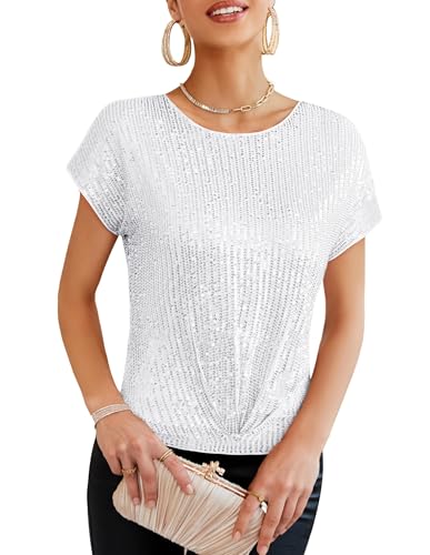 GRACE KARIN Damen Festival Spaghettiträger Sparkle Shimmer Weste mit Rundhals Kurzarm Funkelnde Glitzer-Pailletten Tunika Top Silber S von GRACE KARIN
