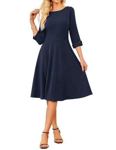 GRACE KARIN Damen Festkleid 3/4 Ärmel A-Linie Midikleid U-Boot-Ausschnitt Elegantes Abendkleid Pfauenblau XL von GRACE KARIN
