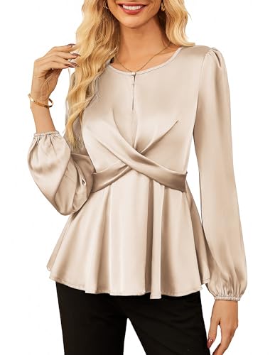 GRACE KARIN Damen Festlich Glänzendes Satin Bluse Einfarbiges Locker Passform Langarmshirt Aprikose XXL von GRACE KARIN