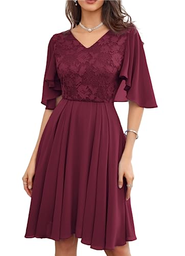 GRACE KARIN Damen Festlich Hochzeitkleid Elegant V-Ausschnitt Leicht Fledermausärmel Spitzenkleid Leicht Chiffon Faltensaum Ballkleider Weinrot 44 von GRACE KARIN