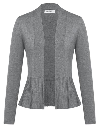 GRACE KARIN Damen Festlich Langarm Strickjacke Casual Elegant mit Raffungsaum Stretche Weich Gestrick Cardigan Open Front für Kleider Tops Dunkelgrau S von GRACE KARIN