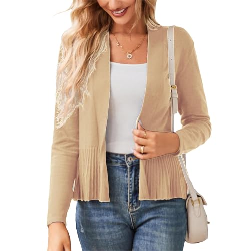Damen Festlich Langarm Strickjacke Casual Elegant mit Raffungsaum Stretche Weich Gestrick Cardigan Open Front für Kleider Tops Helles Khaki S von GRACE KARIN