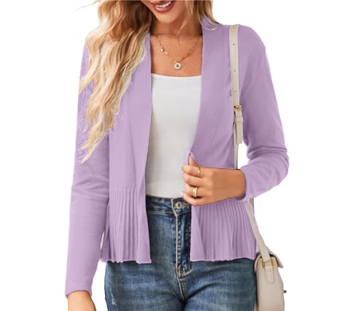 GRACE KARIN Damen Festlich Langarm Strickjacke Casual Elegant mit Raffungsaum Stretche Weich Gestrick Cardigan Open Front für Kleider Tops Lila S von GRACE KARIN