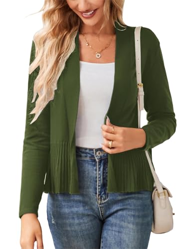 Damen Festlich Langarm Strickjacke Casual Elegant mit Raffungsaum Stretche Weich Gestrick Cardigan Open Front für Kleider Tops Sommer Olivgrün S von GRACE KARIN
