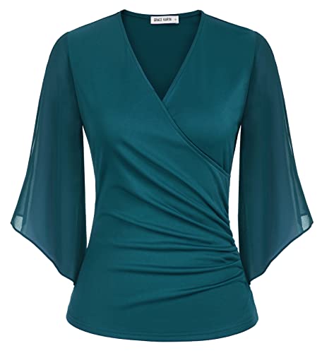 GRACE KARIN Damen Festliche Chiffon Oberteile Kreuz V-Ausschnitt Taillen Wickelbluse Elegante Rüschenärmel Abendmode Tops Blau Grün XL von GRACE KARIN