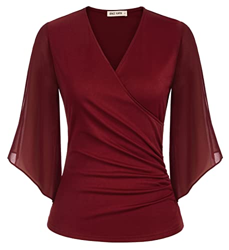 GRACE KARIN Damen Festliche Chiffon Oberteile Kreuz V-Ausschnitt Taillen Wickelbluse Elegante Rüschenärmel Abendmode Tops Dunkelrot XL von GRACE KARIN