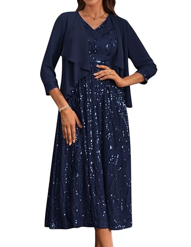 GRACE KARIN Damen Festliche Glänzendes Pailletten Partykleid Zweiteiliger Kleider mit Chiffon Jacke V-Ausschnitt Ballkleider Hohe Taille Maxikleid Abendmode Dunkelblau 38 von GRACE KARIN