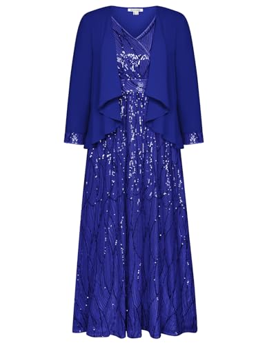 GRACE KARIN Damen Festliche Glänzendes Pailletten Partykleid Zweiteiliger Kleider mit Chiffon Jacke V-Ausschnitt Ballkleider Hohe Taille Maxikleid Abendmode Königsblau 38 von GRACE KARIN