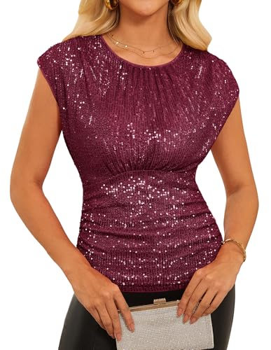 GRACE KARIN Damen Festliche Glitzer Bluse Hohe Tallen Plissert Bauchweg Oberteile Flügelärmel Tank Top Cocktail Party Outfit Dunkelrot L von GRACE KARIN
