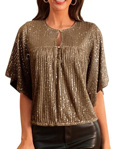 GRACE KARIN Damen Festliche Pailletten Party Tops 1/2 Ärmel Rundhals Glitzer Obertiel Braun S von GRACE KARIN